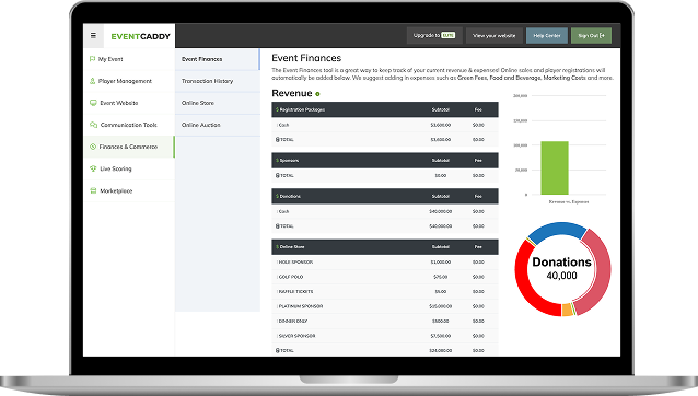 Laptop displaying Event Caddy budget management with revenue and expense tracking