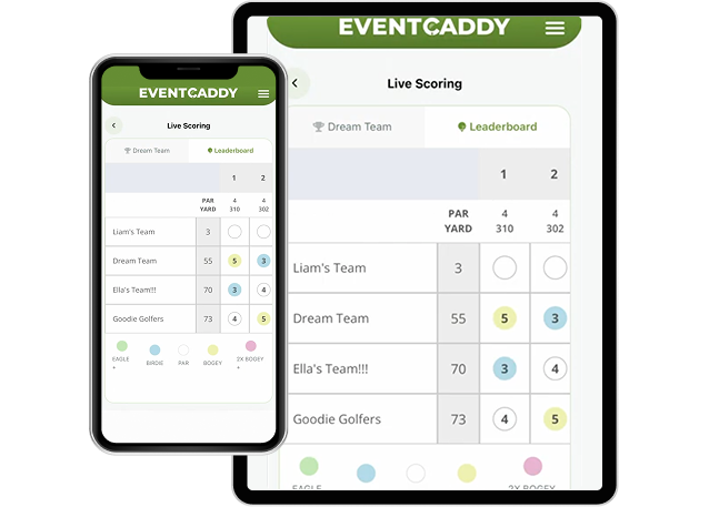 Phone and tablet displaying Event Caddy live scoring and leaderboard updates