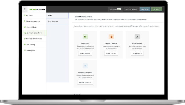 Laptop displaying Event Caddy marketing and communications email tools