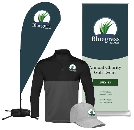 Bluegrass Golf Club branded tournament merchandise from the Event Caddy Marketplace, including a feather flag, pull-up banner, quarter-zip pullover, and baseball cap