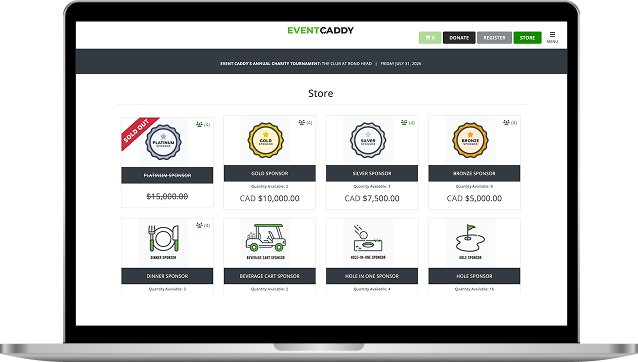 Laptop displaying Event Caddy online store with sponsorship packages and add-ons