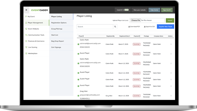 Laptop displaying Event Caddy player management with registration lists and pairing tools