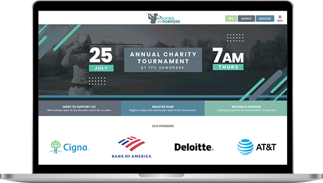 Laptop displaying an Event Caddy tournament website with registration and sponsor sections
